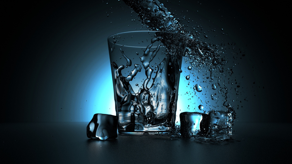 Render Of Glass Of Water With Ice And Dark Background